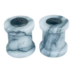 Marble Salt Pepper Shaker Set Mini 1.75" Gray White Marbled Alabaster Stone Vtg